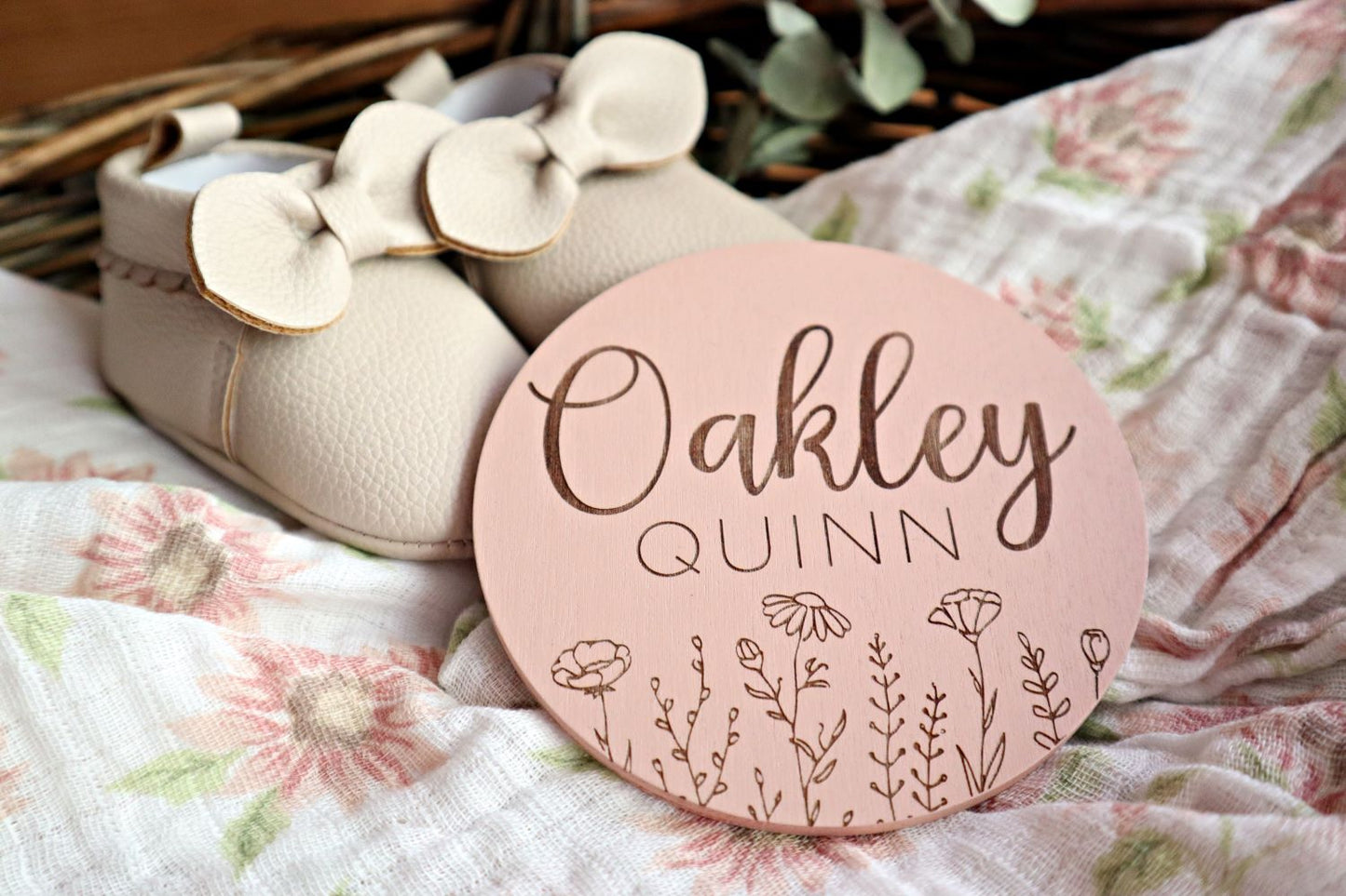 Engraved Wooden Baby Announcement Sign with Flowers | Multiple Color Options