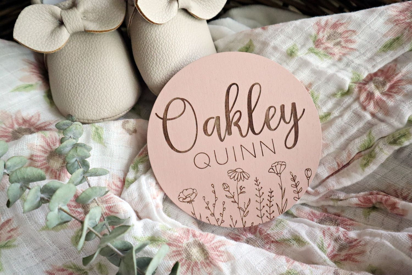 Engraved Wooden Baby Announcement Sign with Flowers | Multiple Color Options