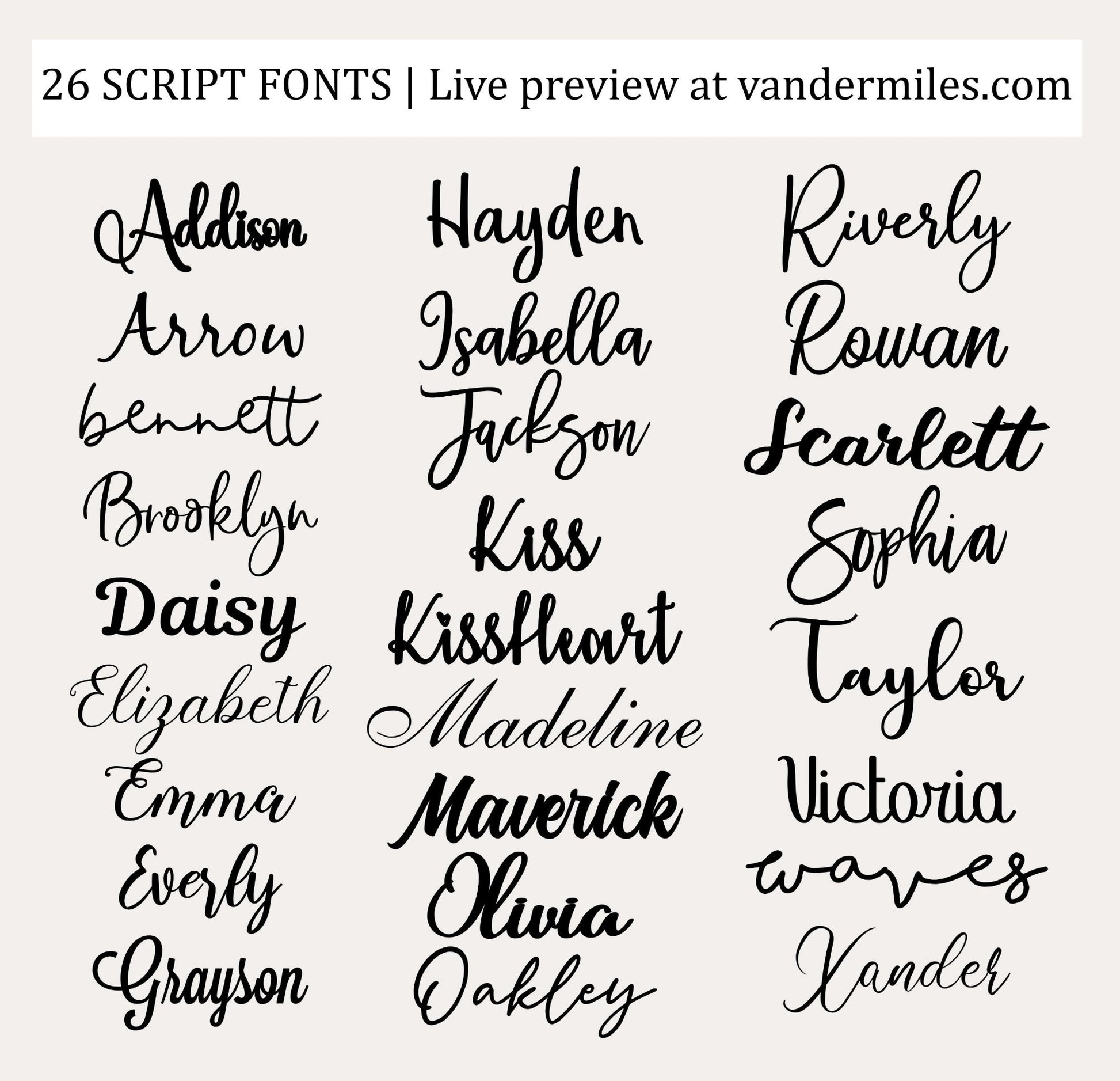 Script name font list typed in a font display arranged in three rows.