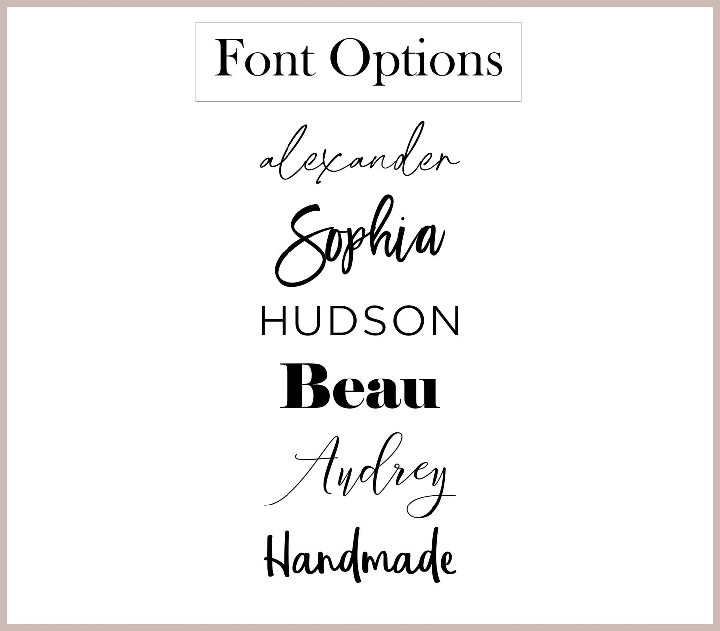List of font options for custom wood name tags, showcasing different styles for personalized engraving.