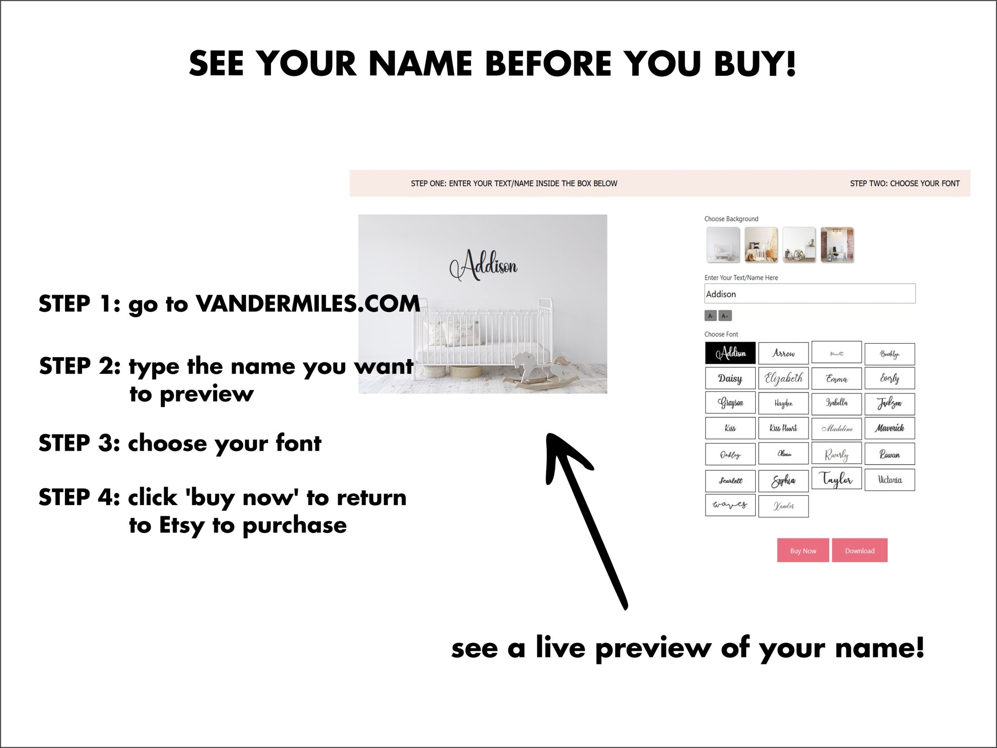 A graphic to show how to use our font previewer website to help customers preview their wood name sign.