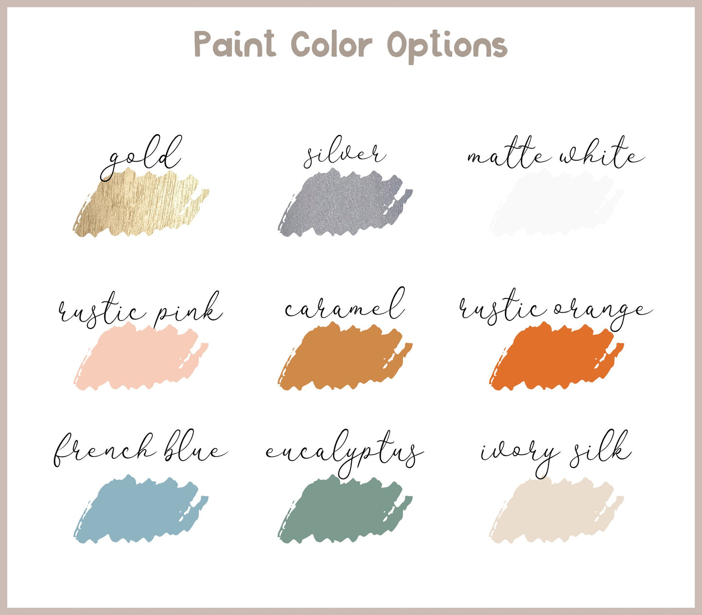 Paint color options for custom engraved baby announcement signs, showcasing available colors for personalization.