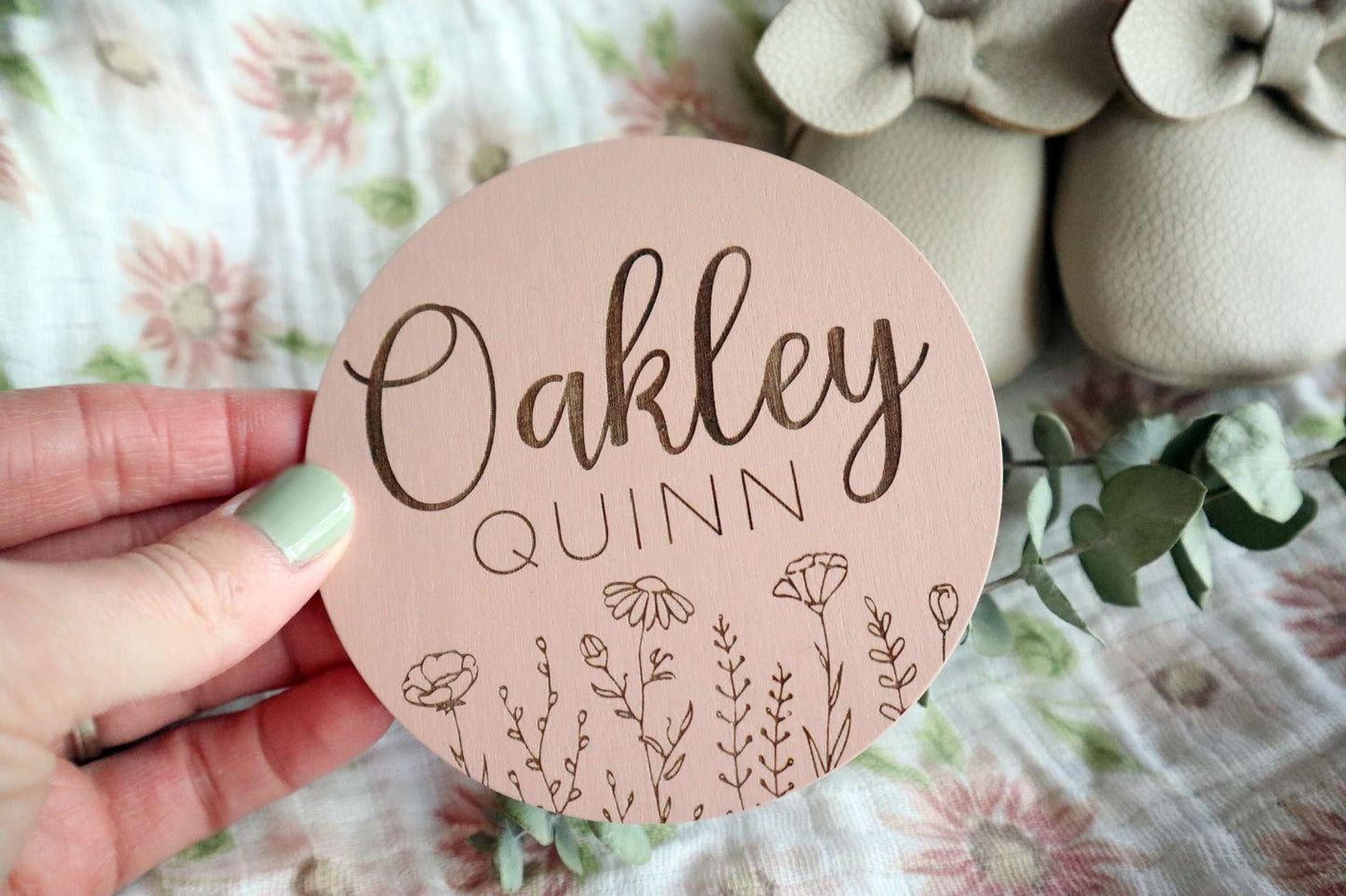 Engraved Wooden Baby Announcement Sign with Flowers | Multiple Color Options