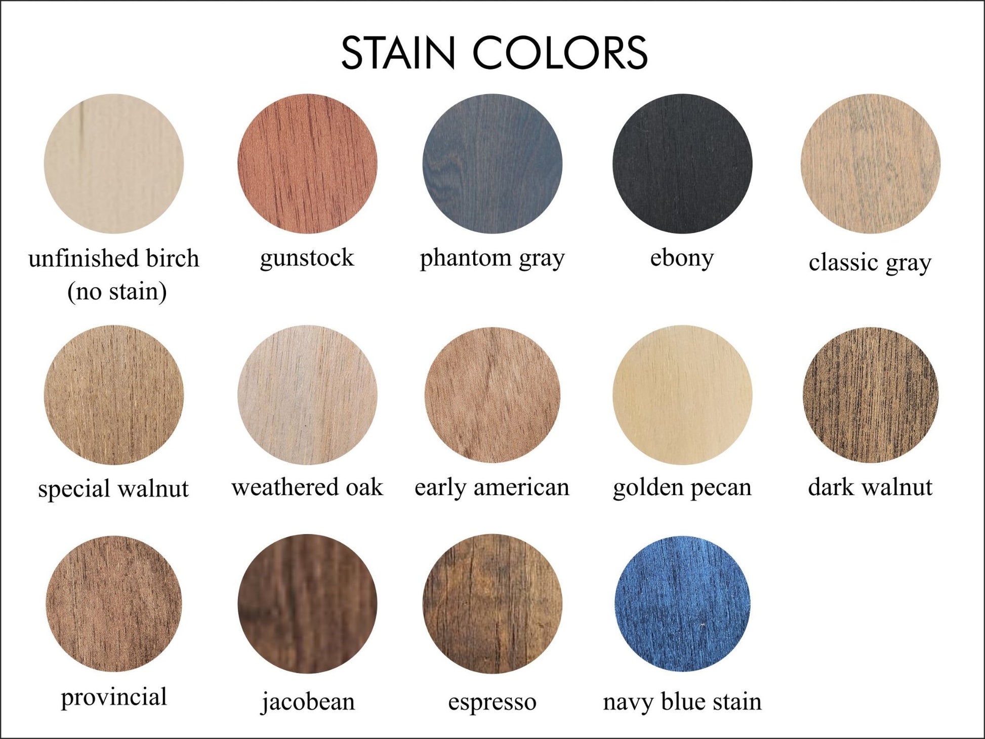 A graphic that shows all wood stain colors available for wood name signs.